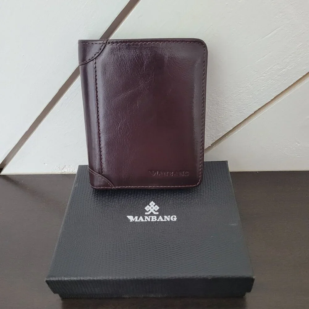 NEW MANBANG Men's Genuine Cowhide Leather Extra Capacity RFID Bifold Wallet 12CT